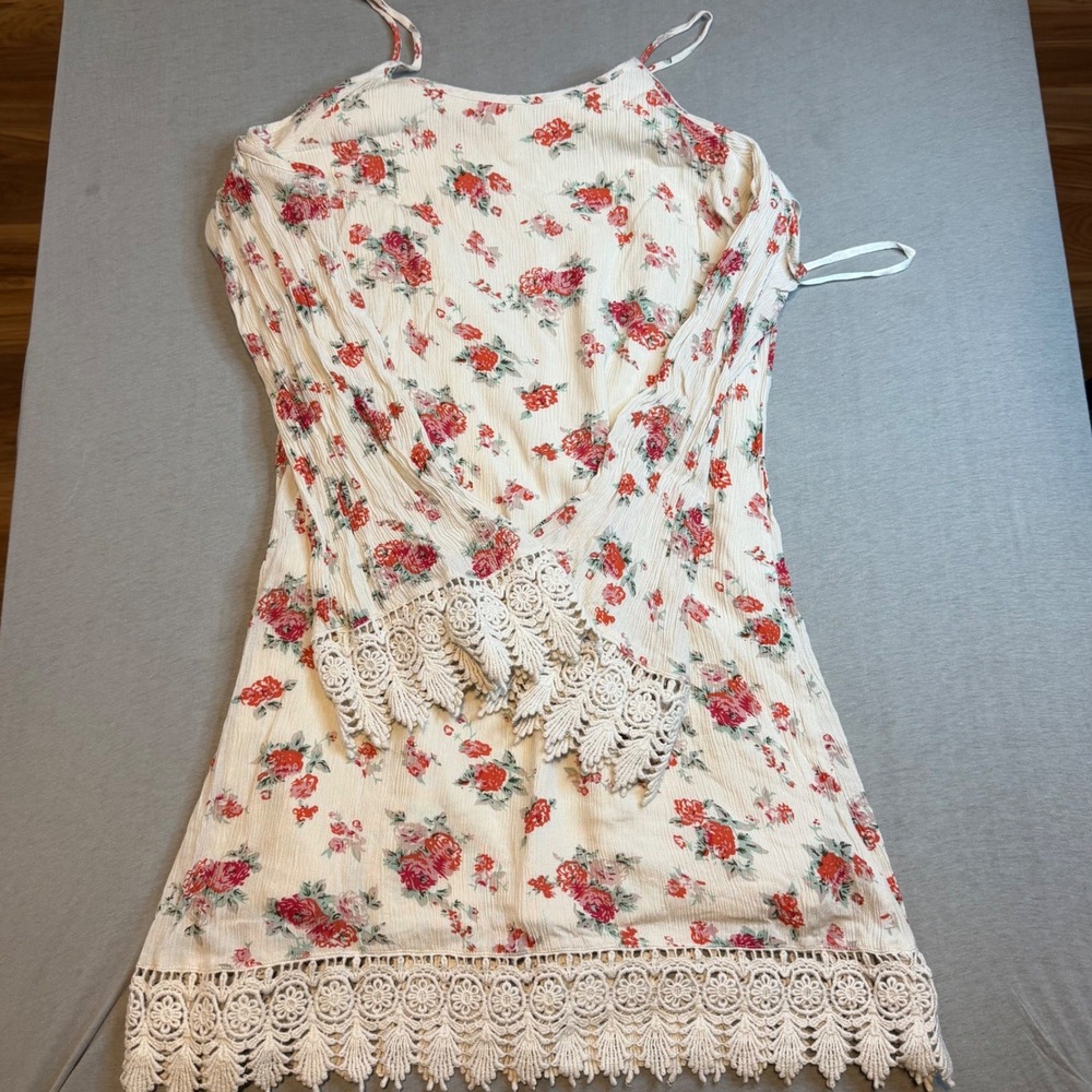 C Key Floral Lace Trim Cold Shoulder Bell Sleeve Mini Dress Cream Boho Small